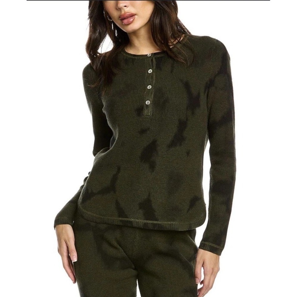 Lisa Todd Waffle Knit Pop Henley Sweater Top Cotton Olive Green Black Tie Dye XS